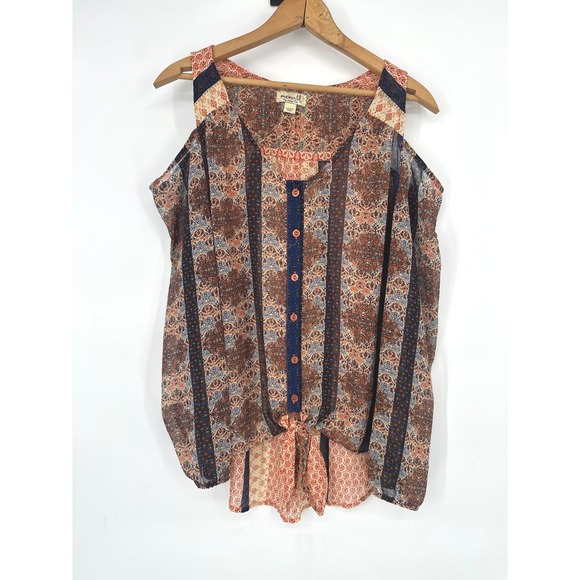 ONE WORLD Tops - One World Top Women L Button Boho Cold Shoulder Tie Front Medallion‎ Print Sheer